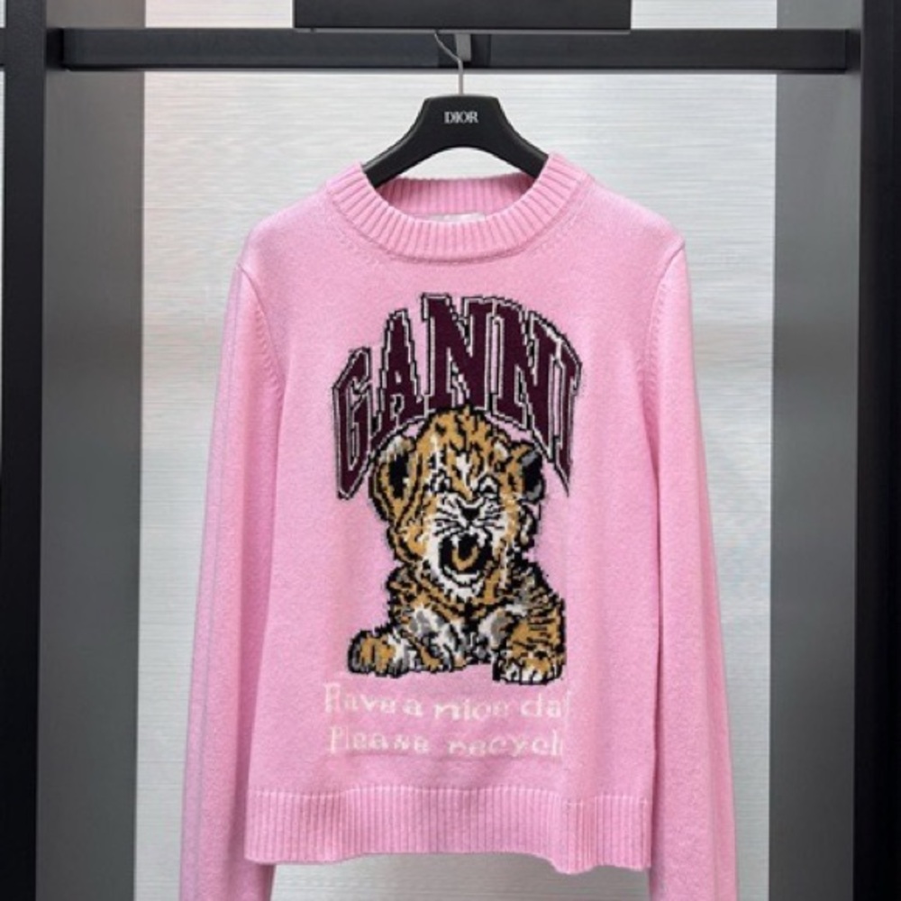 Ganni Pink Crew Neck Sweater with Tiger Design